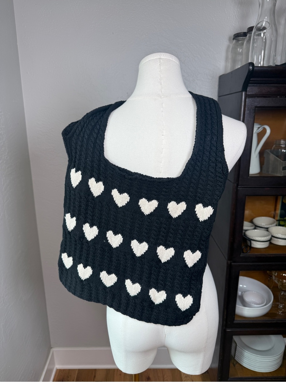 Black White Heart Cable Knit Tote Bag Y2K Coquette Shoulder Bag